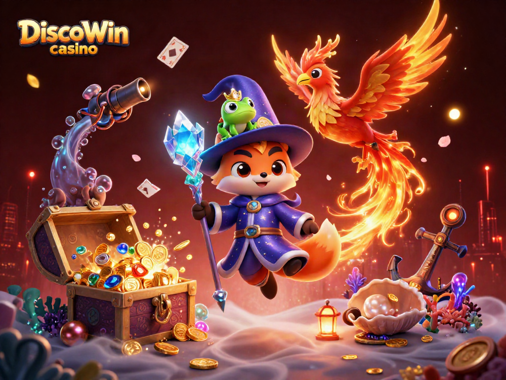 Profitez des tours gratuits de DiscoWin casino avec un univers captivant d'illustration 3D.