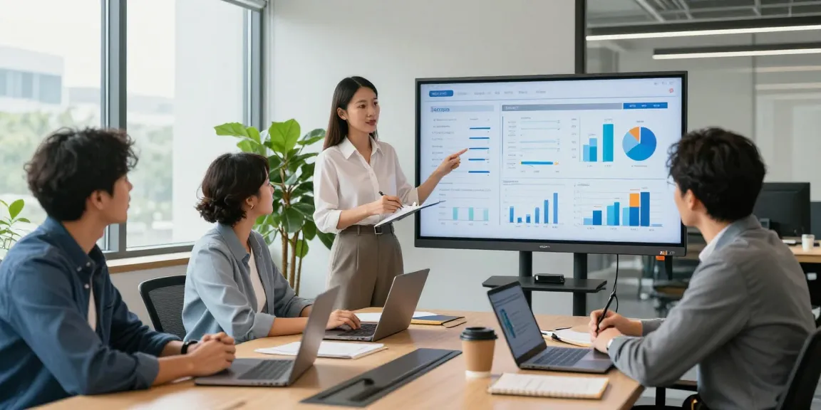 Collaboration d'équipe professionnelle autour du programme Atlas pro, avec présentation de données.