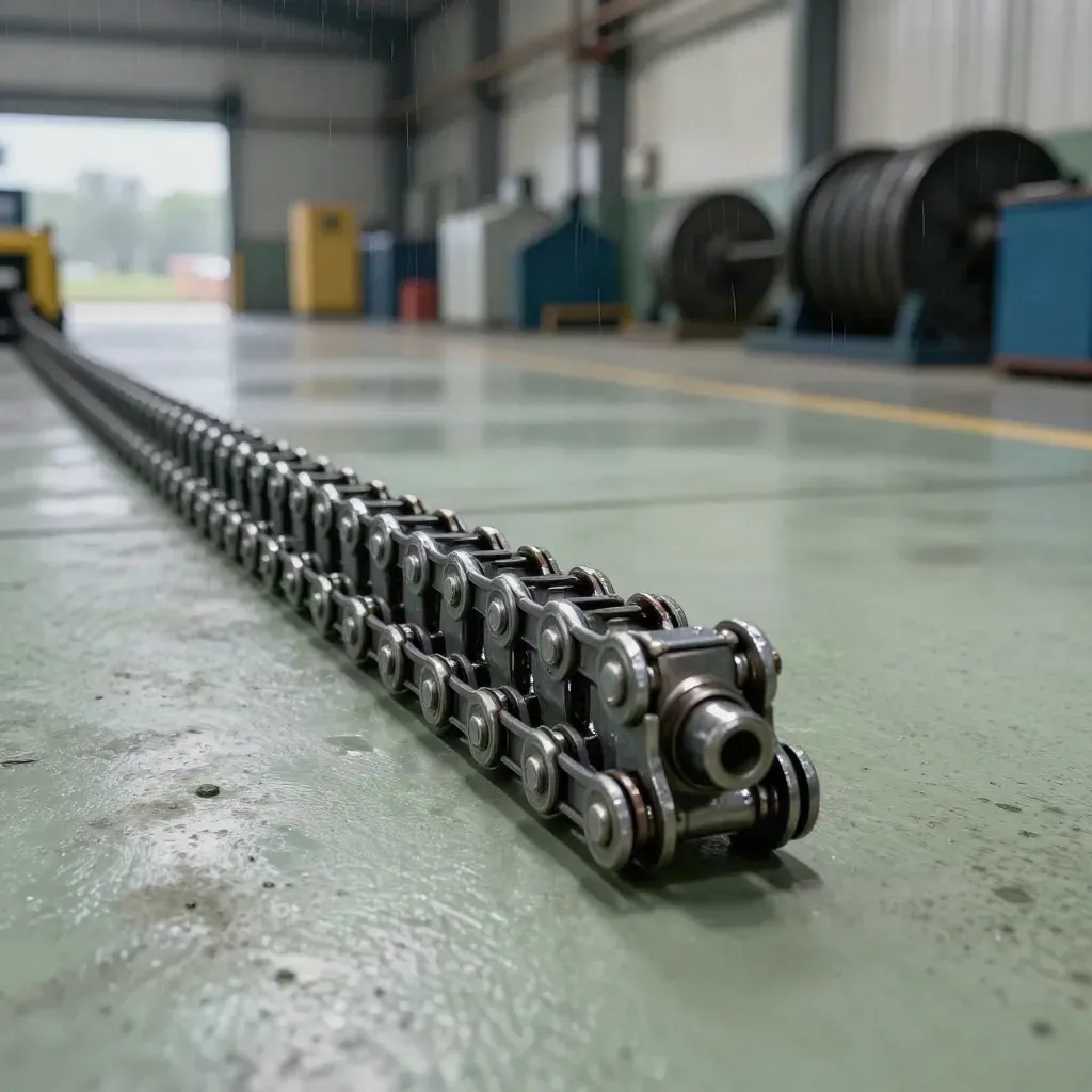Chaîne industrielle en boucle avec pignon et tendeur sur sol humide, lumière de fin d’orage