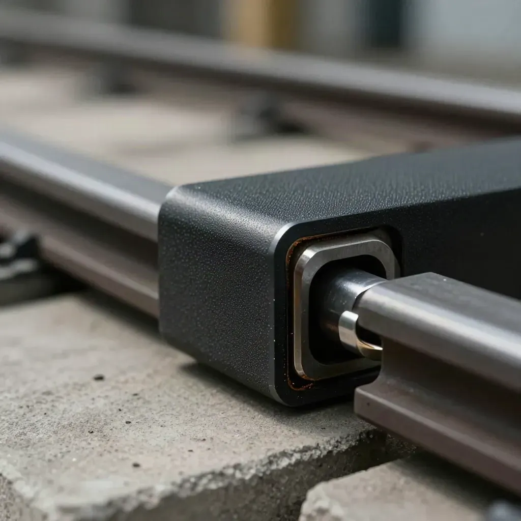 Guide-chaîne nylon noir mat avec entretoise acier, macro rasant sur rainure usée.