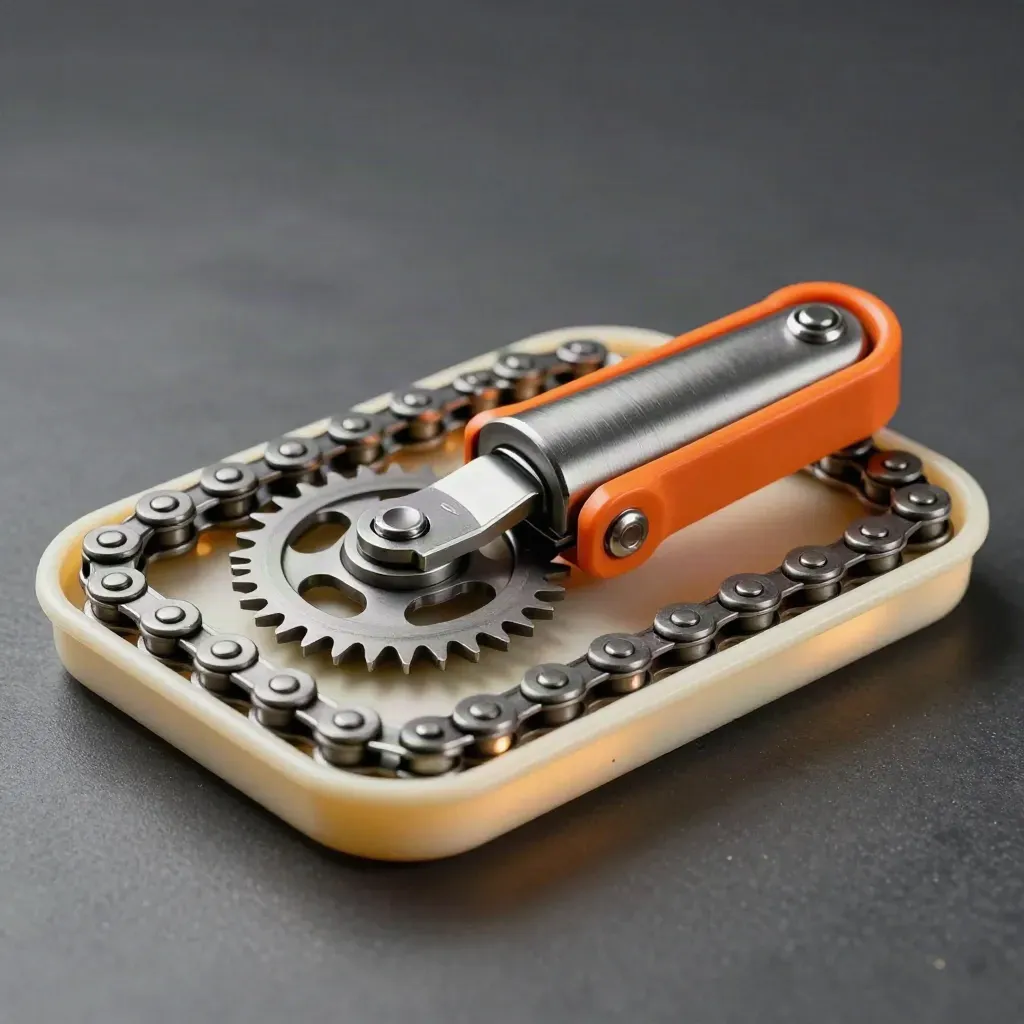 Kit maintenance chaîne avec chaîne, pignon et tendeur sur fond graphite, accent orange sécurité.