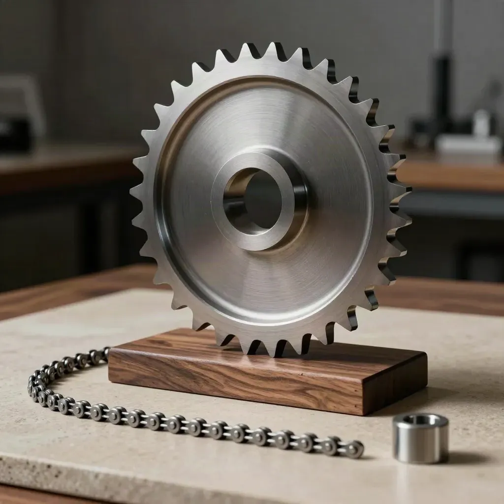 Pignon acier 10B à 24 dents sur socle bois, avec segment de chaîne et lumière studio.