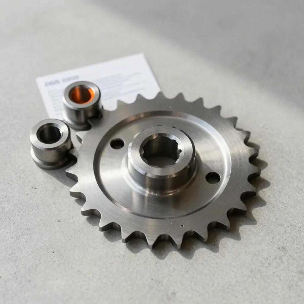 Pignon inox avec deux bagues d’écartement, posé sur béton clair en vue du dessus.