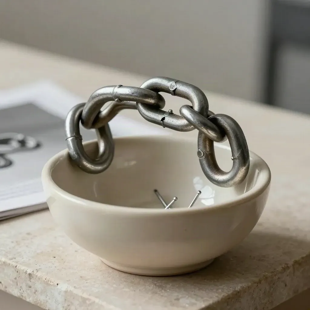 Maillon coudé 08B avec deux goupilles dans une coupelle d’atelier sur pierre claire.