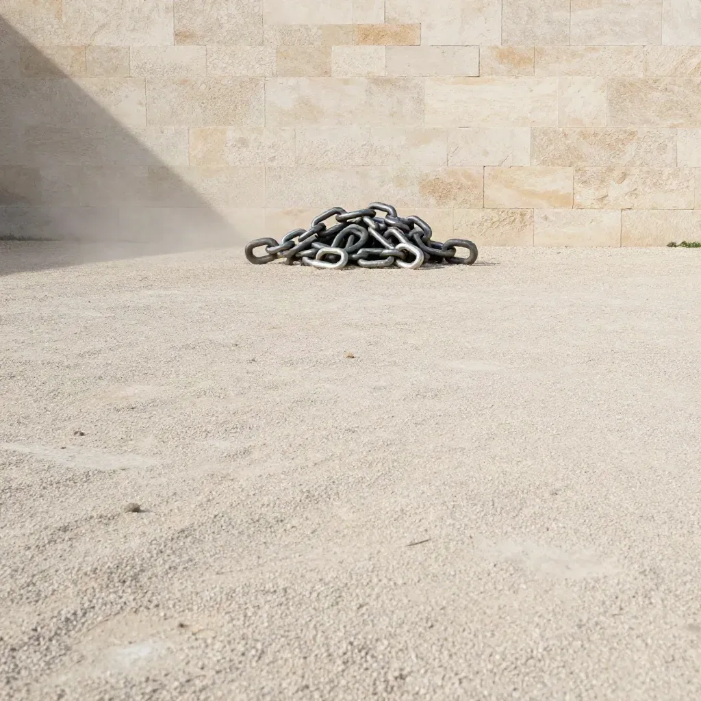 Cour gravillonnée près d’un mur de calcaire, petits anneaux de chaîne en haut, lumière douce.