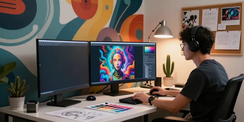 AI technician creating vibrant NSFW digital art in a modern studio.
