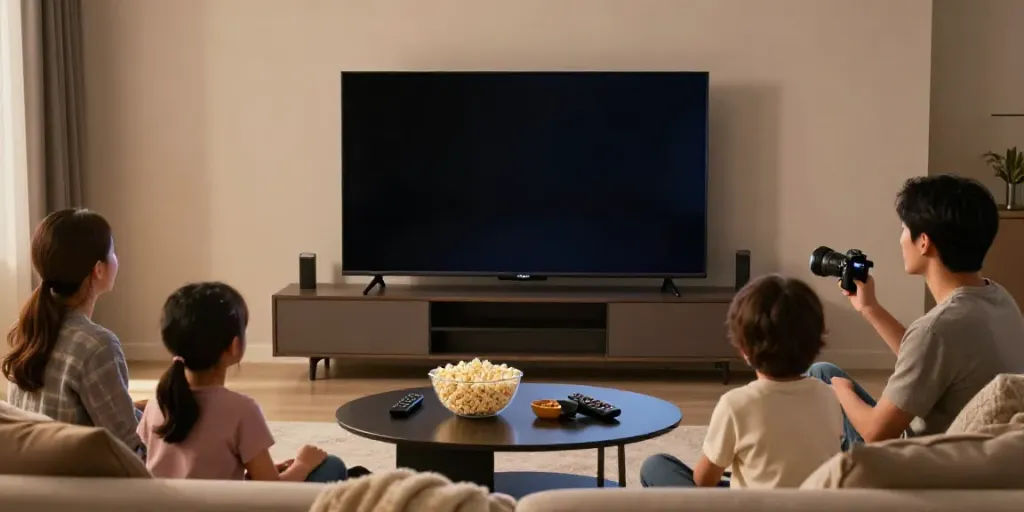 Famille profitant d'une soirée cinéma avec Atlas Pro ONTV.