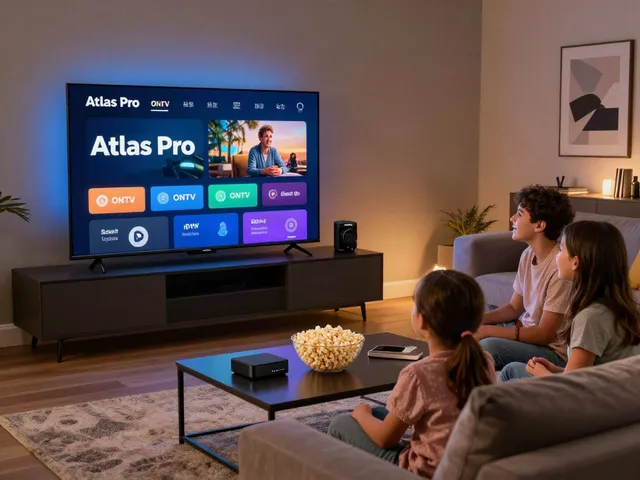Téléchargement de l'application atlas pro iptv avec une famille regardant la télévision à la maison, ambiance chaleureuse et divertissement.