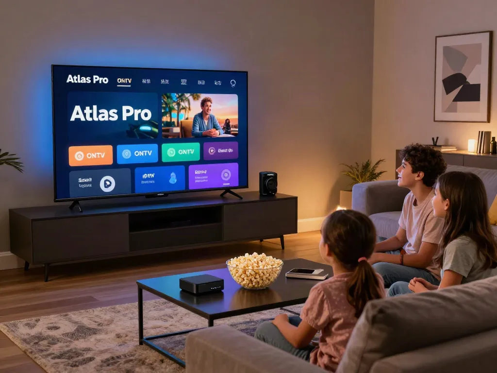 Téléchargement de l'application atlas pro iptv avec une famille regardant la télévision à la maison, ambiance chaleureuse et divertissement.